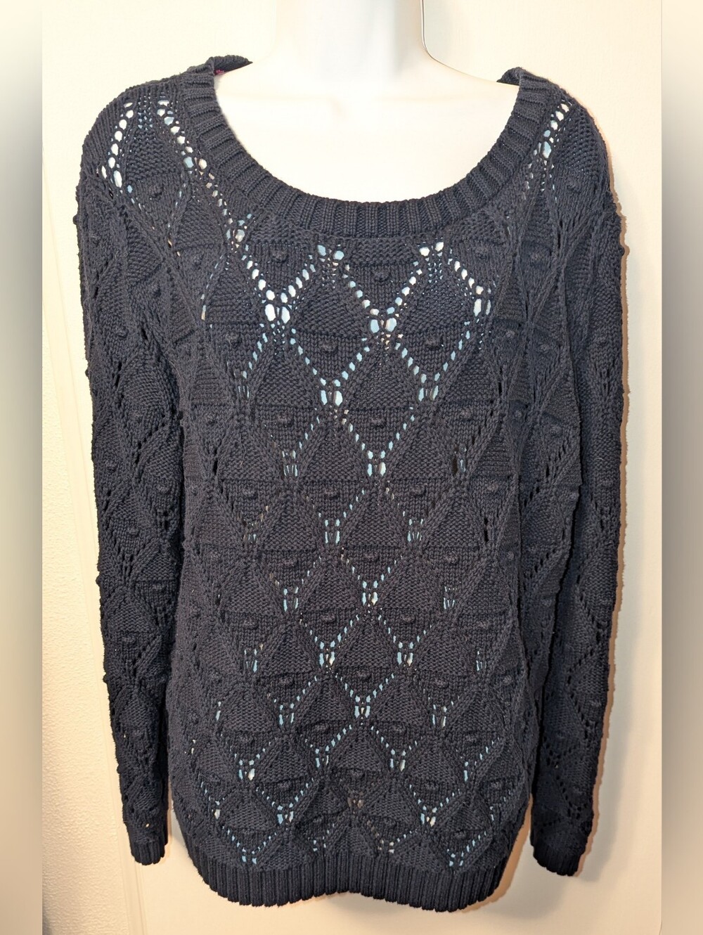 Tommy Hilfiger Women Sweater XL Blue Crochet Scoop Neck Cotton Long Sleeve